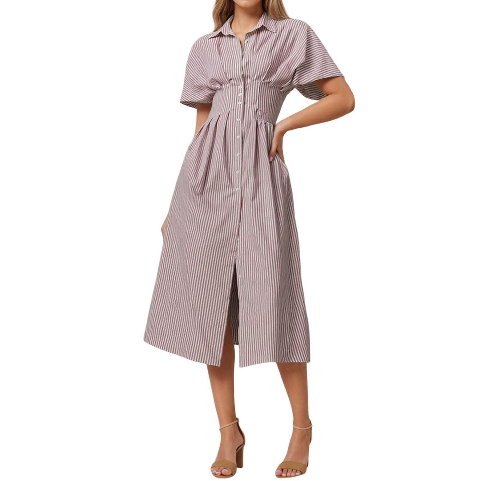 Maxi abito con bottoni anteriori, camicia plissettata, stampa a righe, colletto a maniche corte, abiti lunghi casual