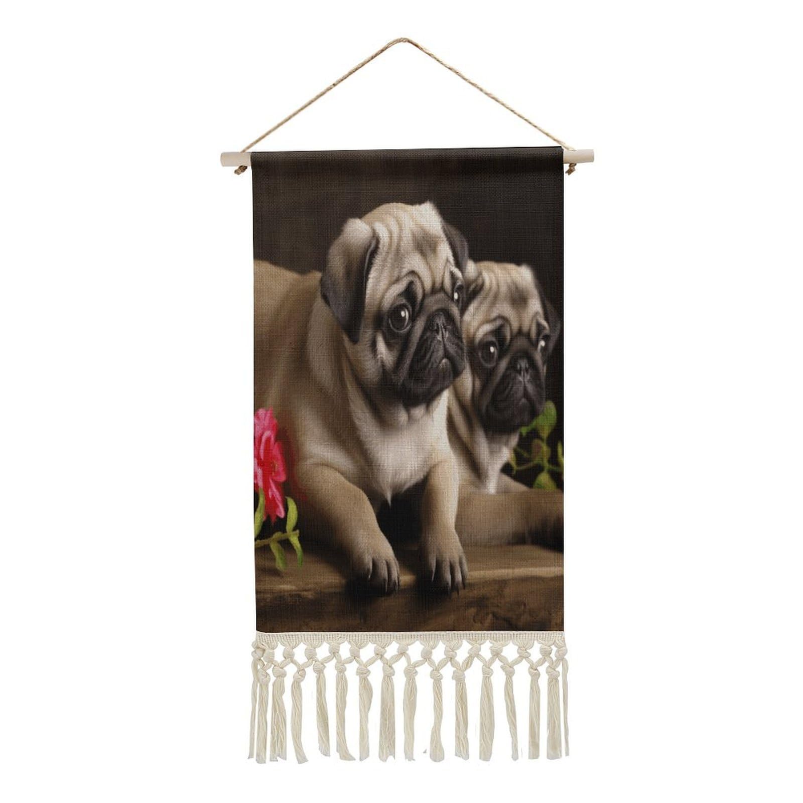 VstaDank Puppys Pug Wall Art Decor with Tassels 20"x10" Cotton Linen Hanging Tapestry Decor Wall Art Prints Wood Frame Boho Wall Art Poster for Bedroom Living Room Office