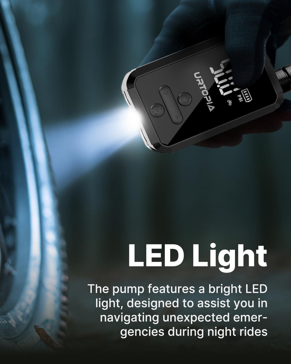 URTOPIA Bomba eléctrica para bicicleta, bomba de aire de inflado rápido con manómetro, hasta 150 PSI, disipación eficiente del calor, recargable, con luz LED brillante, bomba de bicicleta portátil