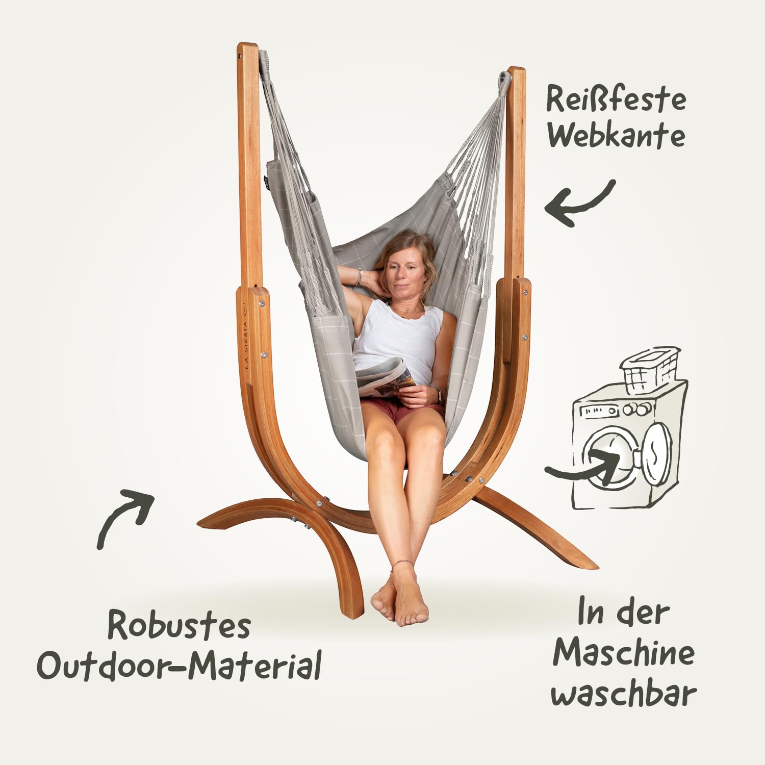 LA SIESTA® – Wetterfester Hängesessel Udine Mit Holzständer – Handgefertigter, Reißfester Outdoor-Hängesessel Mit FSC-Zertifiziertem Eukalyptus-Gestell für Außenbereich – Almond