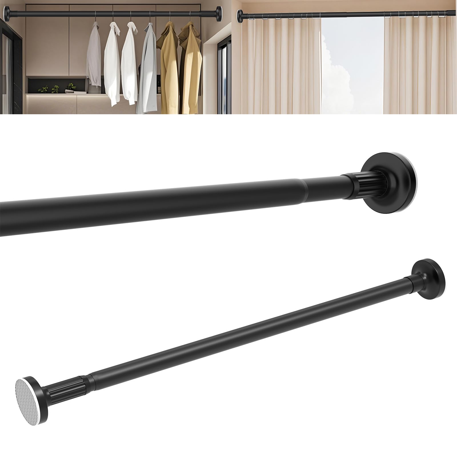 Wardrobe Rail, Extendable Clothes Rail Black 90-160cm, Heavy Duty Wardrobe Pole for Hanging Clothes, No Drill Telescopic Shower Curtains Rail, Clothes Hanging Pole for Bedroom, Black