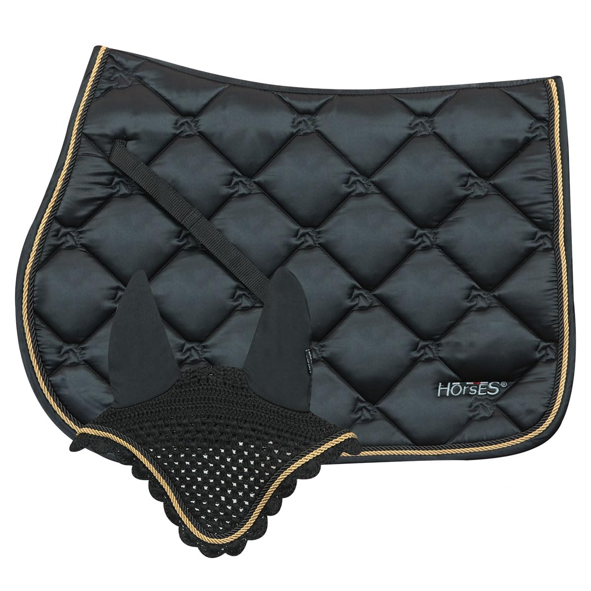 Sillín de salto+gorro Estelle, suave y resistente, indispensable para proteger al caballo de traumas y choques excesivos, Sobrio y elegante