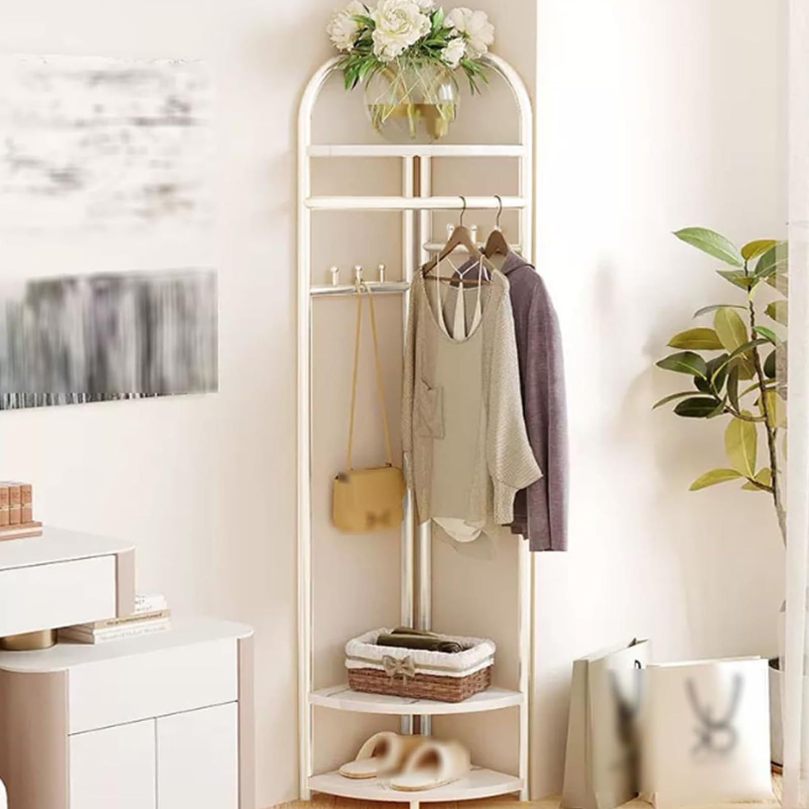 FGXHHS Freestanding Coat Rack with 3-Tier Storage Shelf, Stylish Corner Stand for Hallway, Entryway, Laundry Room - Modern White Design