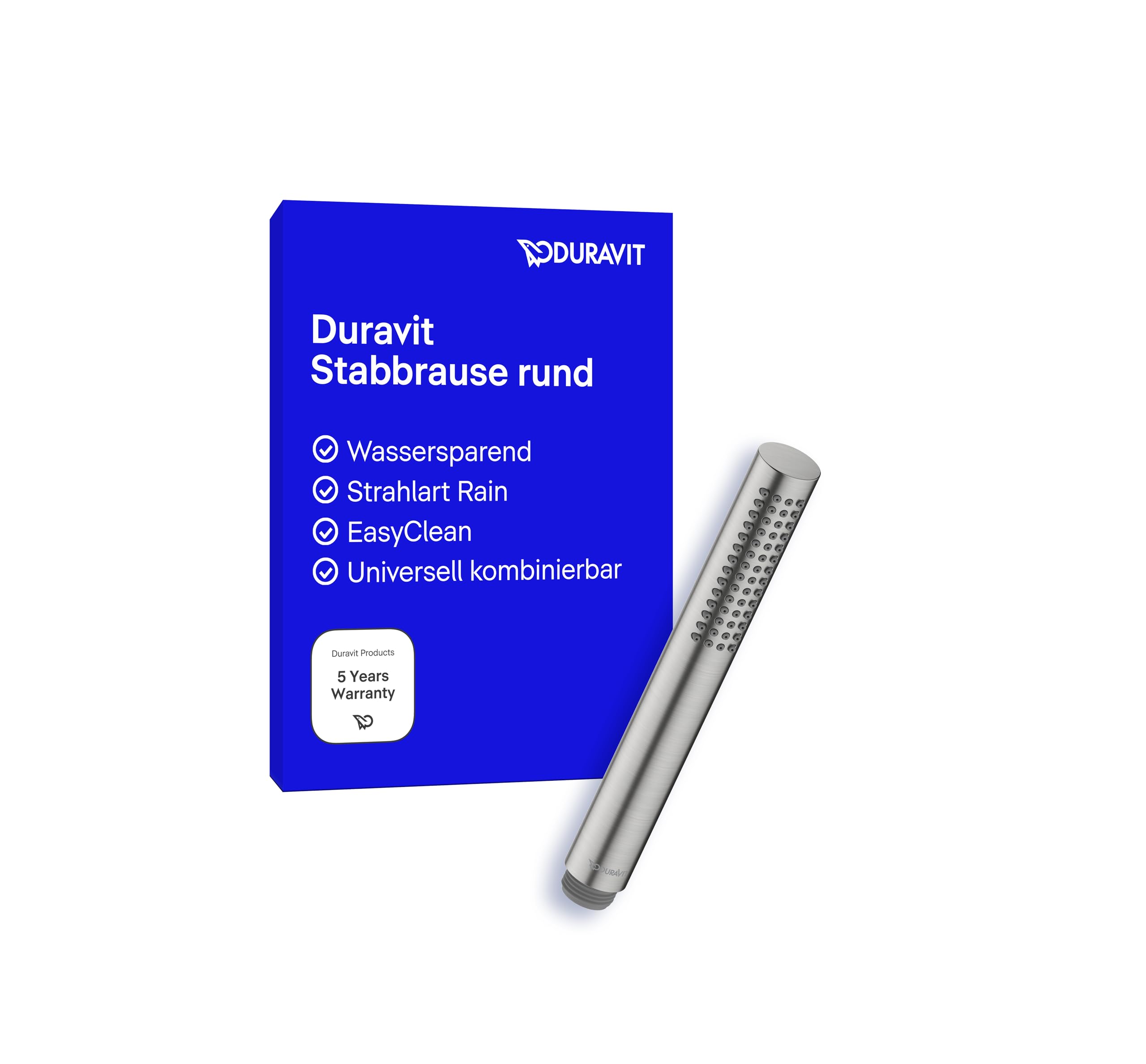 Duravit wassersparende Stabhandbrause, Duschkopf mit Strahlart Rain, Duschbrause rund, Handbrause mit wassersparender MinusFlow-Funktion, reinigungsfreundlich, Edelstahl gebürstet