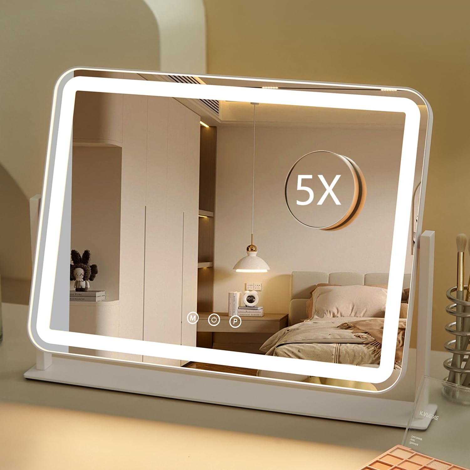 HIEEY Mirror with Lights, Lighted Makeup Mirror, Three Color Lighting Modes, and 5X Magnification Mirror, Smart Touch Control, 360°Rotation (17.4″ x 13.5″ White,) HIEEY Mirror with Lights, Lighted Makeup Mirror, Three Color Lighting Modes, and 5X Magnification Mirror, Smart Touch Control, 360°Rotation (17.4″ x 13.5″ White,)