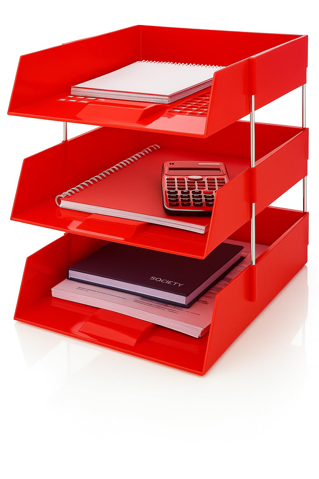 Os Smart Choice Red A4 Letter Trays, 3-Tier Stackable Document Organiser, Plastic Desktop Filing System, Black/Red/Blue (Red)