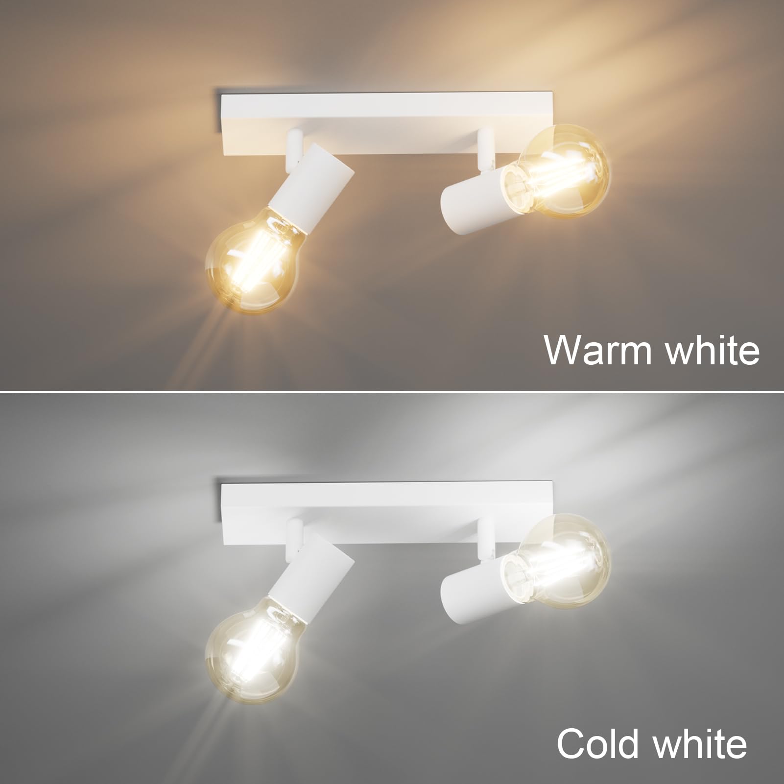 Klighten Faretti da Soffitto Orientabili Bianco con 2 Attacco E27, Vintage Industriale Plafoniera 2 Luci Interno, lampada Soffitto per Cucina, Soggiorno, Camera da Letto, 26cm, Lampadina non Inclusa