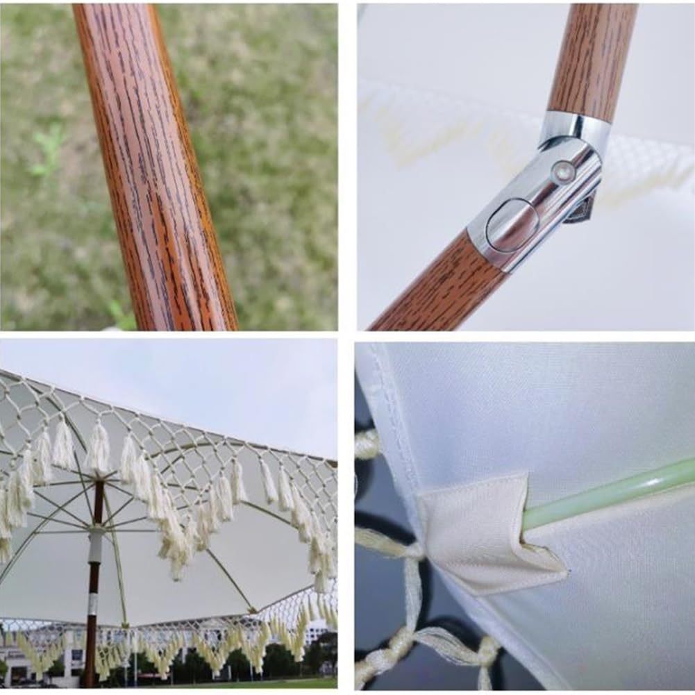 Ombrellone Boho con Frange per Patio Esterno, ombrellone da Spiaggia da 200 cm con inclinazione a Pulsante e palo in Acciaio Resistente, UPF50+, Bianco Antico