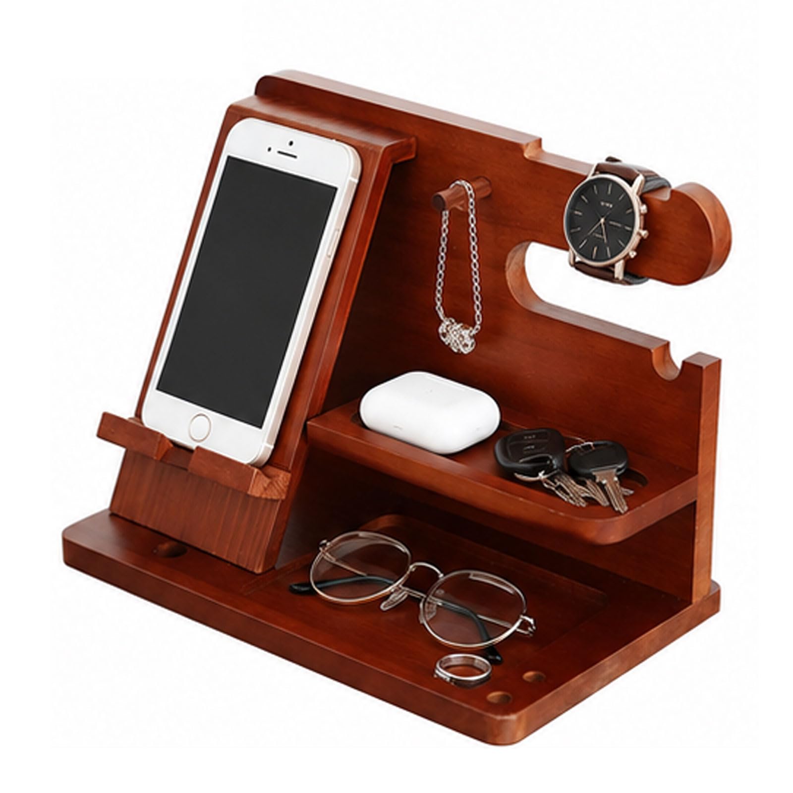 Pskjhn Men's Brown Wood Entryway Organiser ＆ Phone Docking Station, Bedside Valet Tray For Nightstand Desk Organiser For Watch, Keys, Earphones, Wallet And Jewellery, Desktop Storage Rack For Home Office