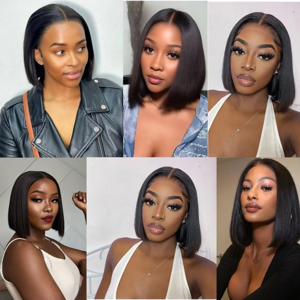 Velvet Grip Wig Bob Wig Human Hair Glueless Wigs Pre Plucked Pre Cut 12×5 T shaped- HD Lace Front Glueless Wigs Human Hair 180% Density Short Straight Bob Wigs for Black Women(12inch)