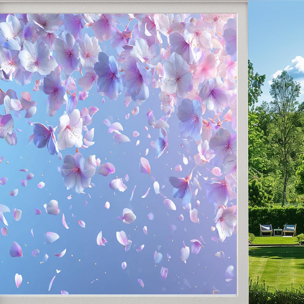 Abstract Cherry Blossoms Frosted Window Film, Natural Spring Floral Stained Glass Privacy Film, Heat Insulation Self-Adhesive Vinyl for Bathroom Office,（45x60cm）