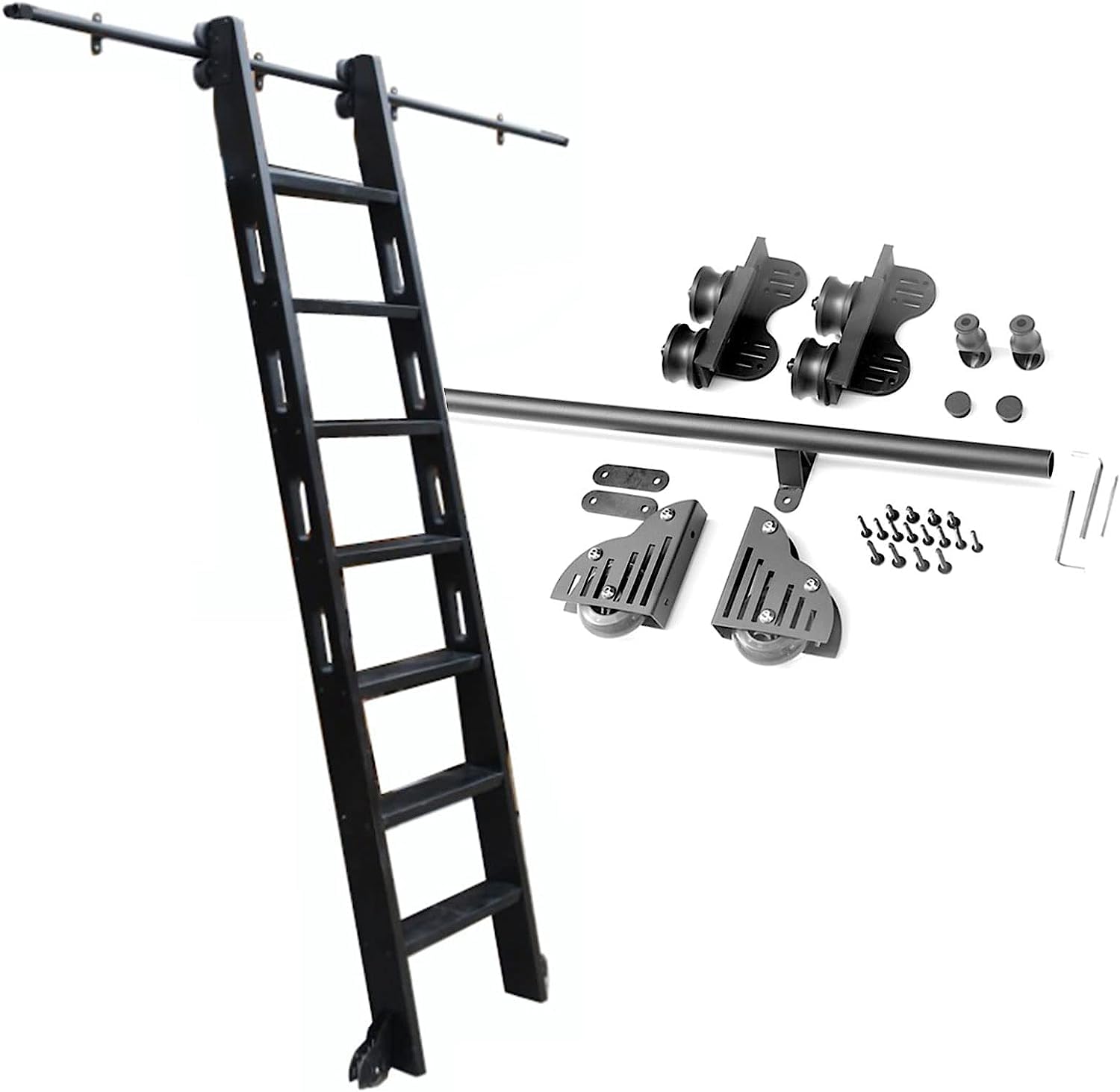 Rail d'échelle mobile en tube rond acier noir kit complet avec roues de guidage ultra fluides