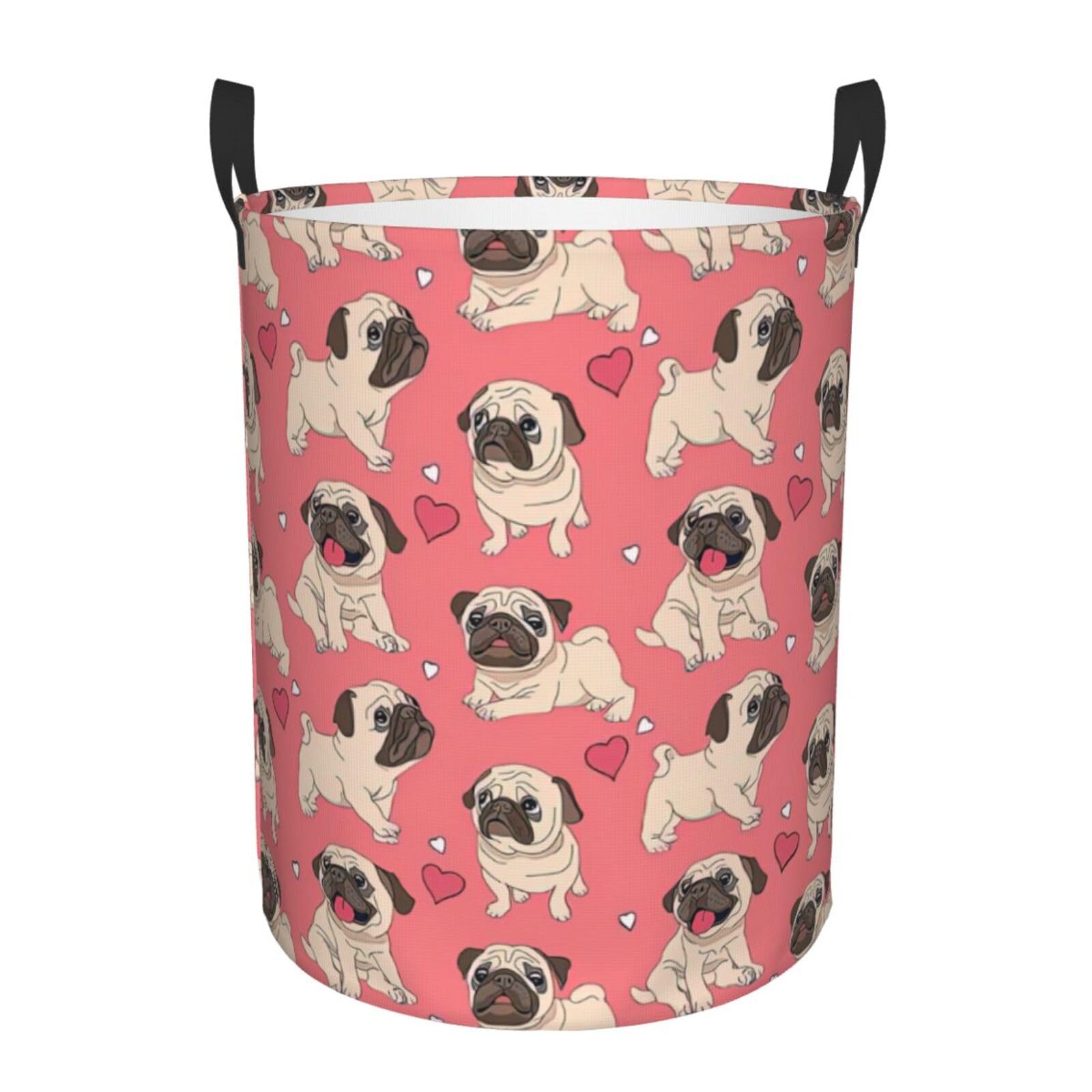 S Collapsible Round Funny Cartoon Pug Puppy Dog Print Laundry Hamper