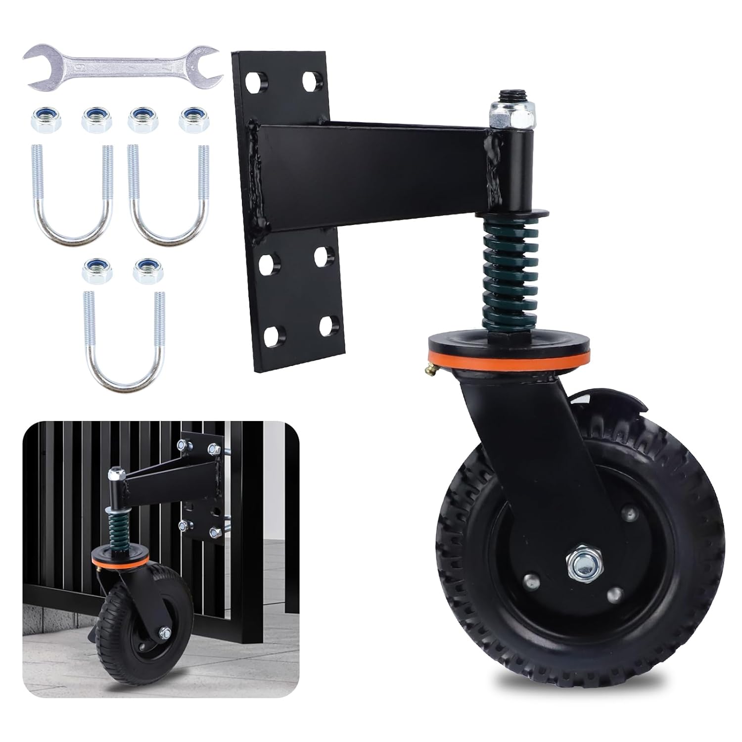 Eazy2hD 6 Inch Gate Wheel, 500Lbs Heavy Duty Gate Wheel with Brake, 360° Rotation Fence Gate Wheels, Spring Loaded Gate Caster for Wooden, Farm, Cattle & Metal Tube Swing Gate with Screws Screwdriver 6inch black 500lb