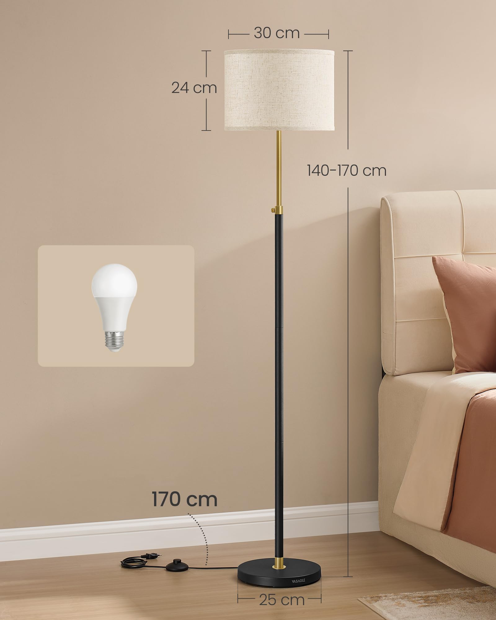 VASAGLE Lampa stojąca, regulowana wysokość 140-170 cm, styl nowoczesny, przełącznik nożny, abażur z tkaniny, oprawka E27, kolor złoty i czarny LFL002B02
