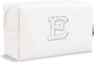 Bride Gifts – Personalized Initial Makeup Bag with Pearl Rhinestone Patch, Preppy White Monogram Cosmetic/Toiletry Pouch, bridesmaid Gifts, Bridal Shower Gifts, Wedding Gifts, Bridal Gifts,E