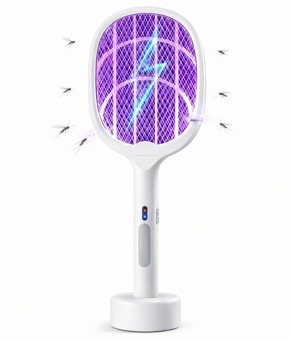 FLYNGO 2 in 1 Mosquito Killer Racket with UV Light | Manual & Auto Kill Modes | Rechargeable Lithium Battery | Type-C USB Charging | Electric Mosquito Bat with Base Stand (Wihte)