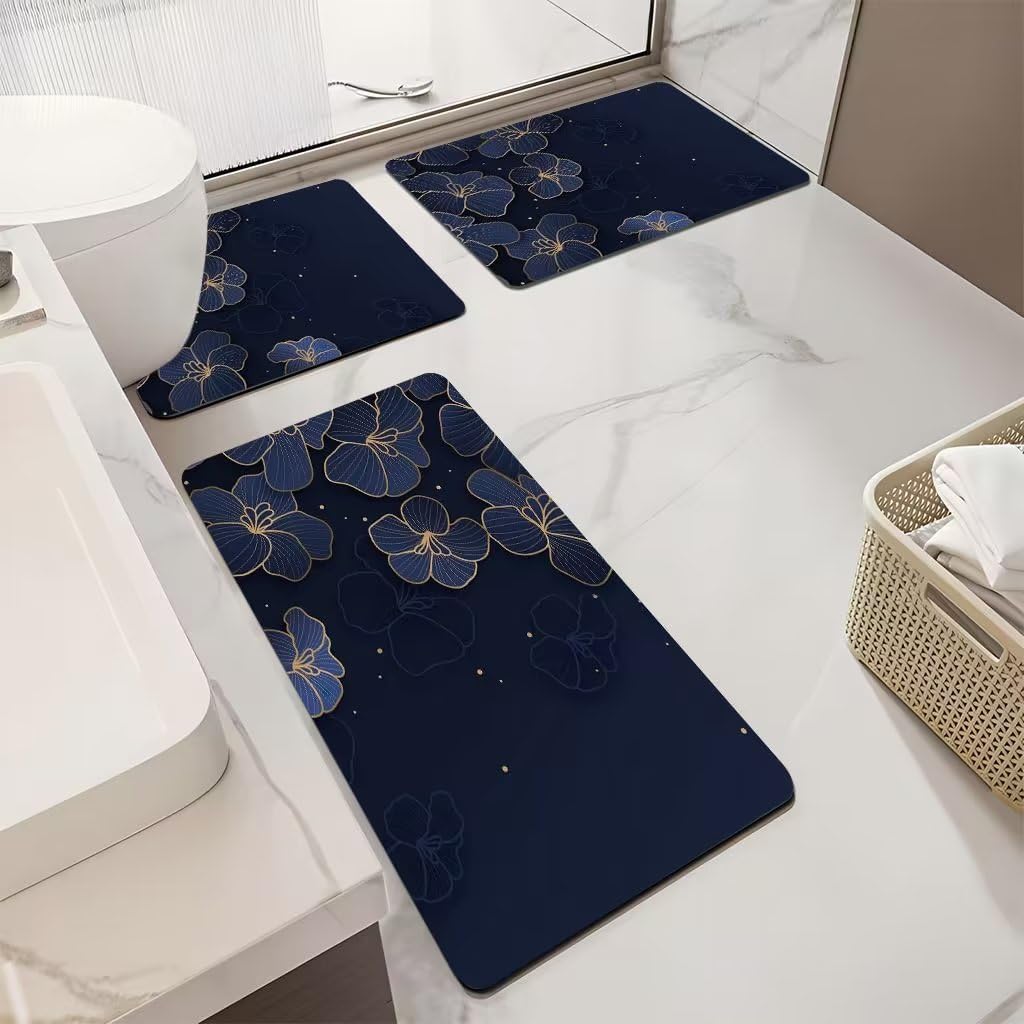 Badvorleger Set Marineblaue Blume Badezimmermatte Diatomite Badezimmerteppich Bad Teppiche Set Waschbar WC Teppich rutschfeste Badematte Wasseraufnahme Badgarnitur 3 Stücke