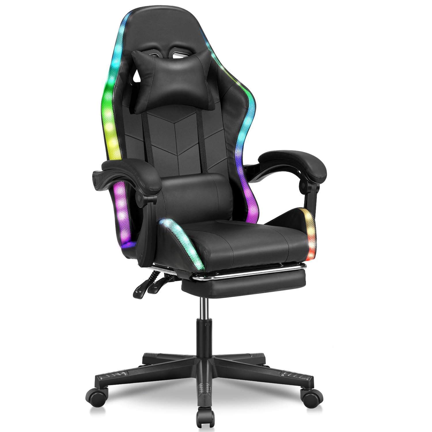Silla de gaming con luces LED RGB, altavoz Bluetooth, ergonómica, silla de oficina con reposacabezas y cojín lumbar, soporta 150 kg, altura ajustable, acolchada