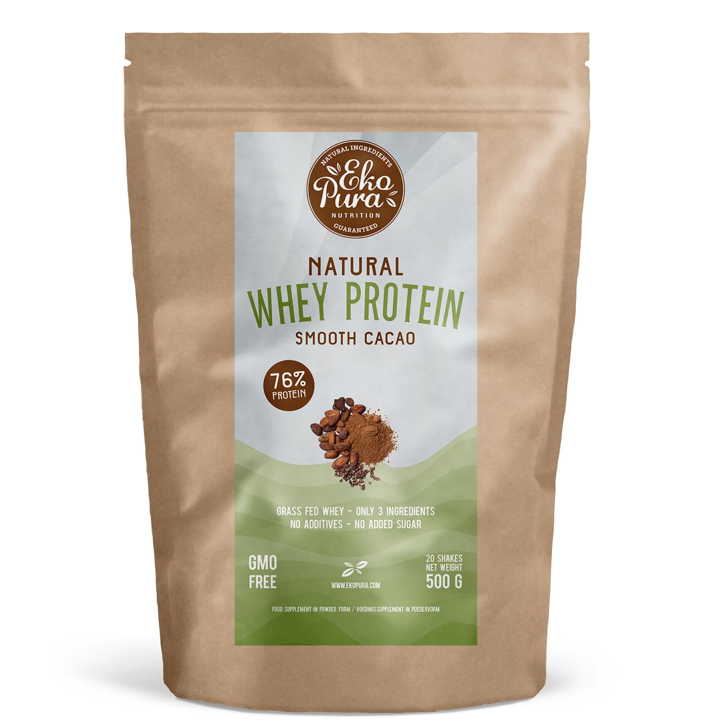 EkopuraNatural Whey Protein - Cocoa - 500g | 76% Protein | 100% Natural Grass Fed Whey| Hormone-Free, GMO-Free, Soy-Free, Additives Free, No Added Sugar | Muscle Growth, Recovery and Retention
