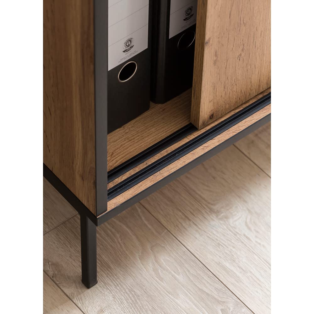 Lomadox Büroschrank abschließbar in Eiche Landhaus Nb. mit Schiebetüren, B/H/T: 100,1/96,6/41 cm