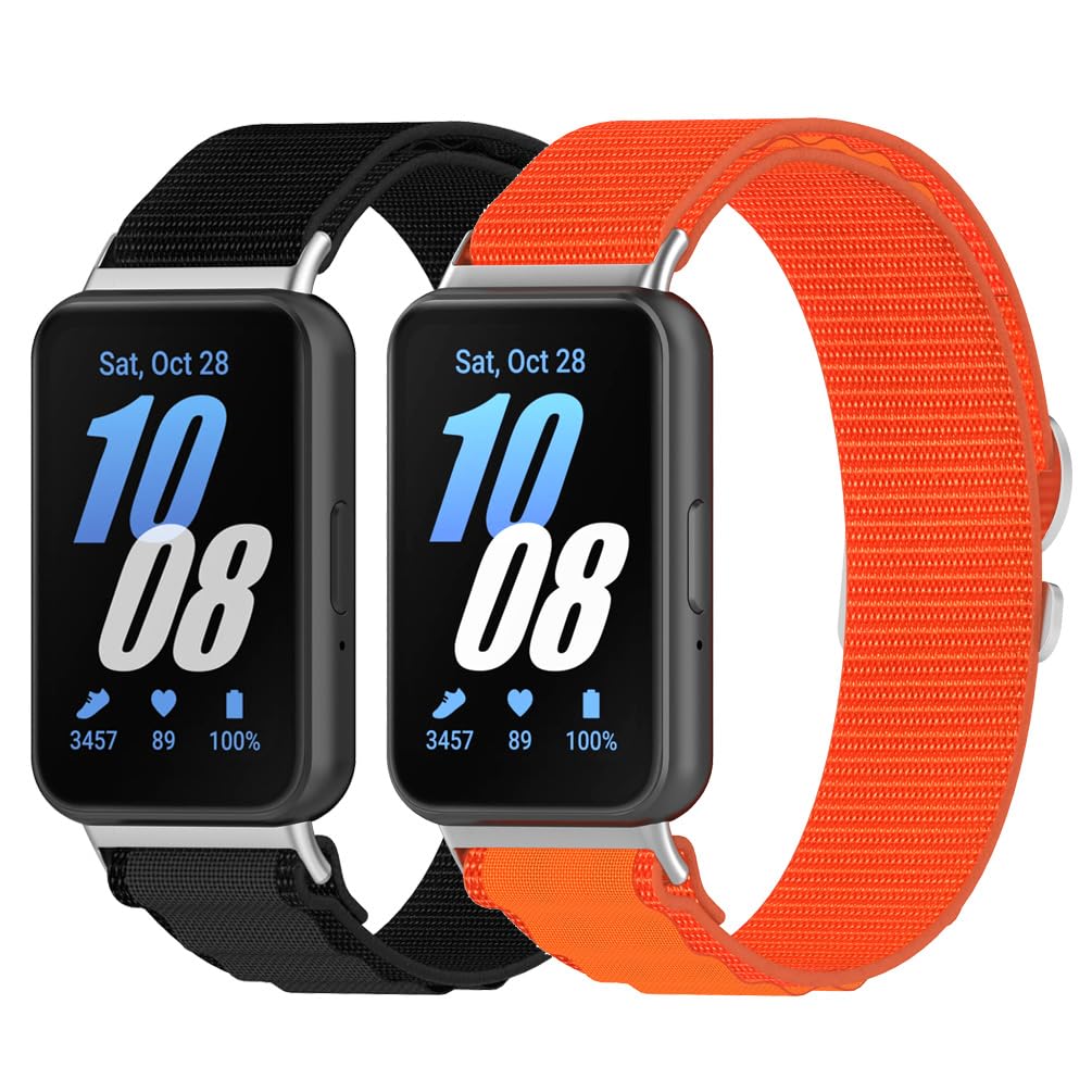 YOFUNTLE [2 Pack] Nylon Straps Compatible for Samsung Galaxy Fit 3 Bands, Men Women Alpine Loop Adjustable Metal C-Hook Sport Strap for Galaxy Fit3 Smartwatch (Black+Orange)