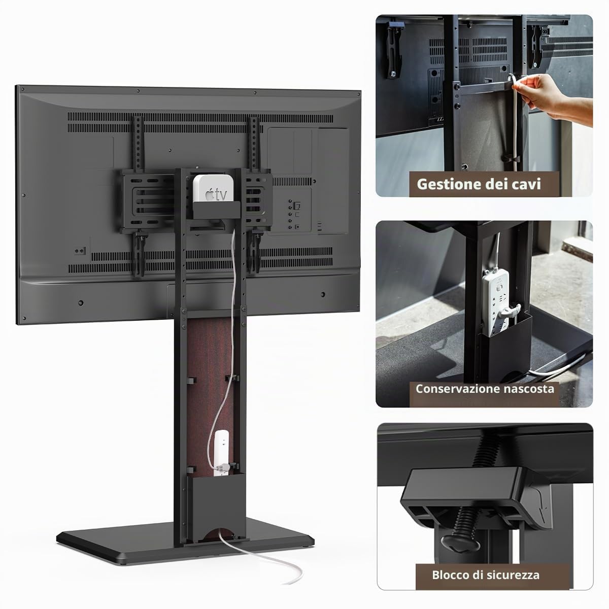 FITUEYES Supporto per TV con ripiano in legno, adatto per televisori di grandi dimensioni, regolabile in altezza, orientabile per 32-65 pollici fino a 40 kg max. VESA 400 x 400