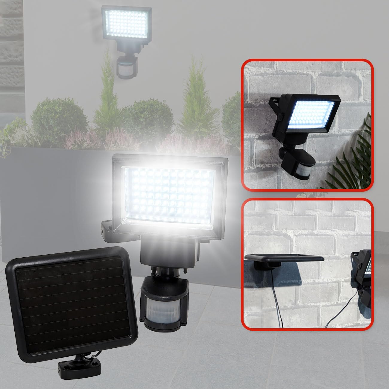 2er-Set Leistungsstarker LED Solar-Strahler mit Bewegungsmelder - Mehr Sicherheit für Ihr Zuhause - Helle 600 Lumen Aussenleuchte für Garten & Hof