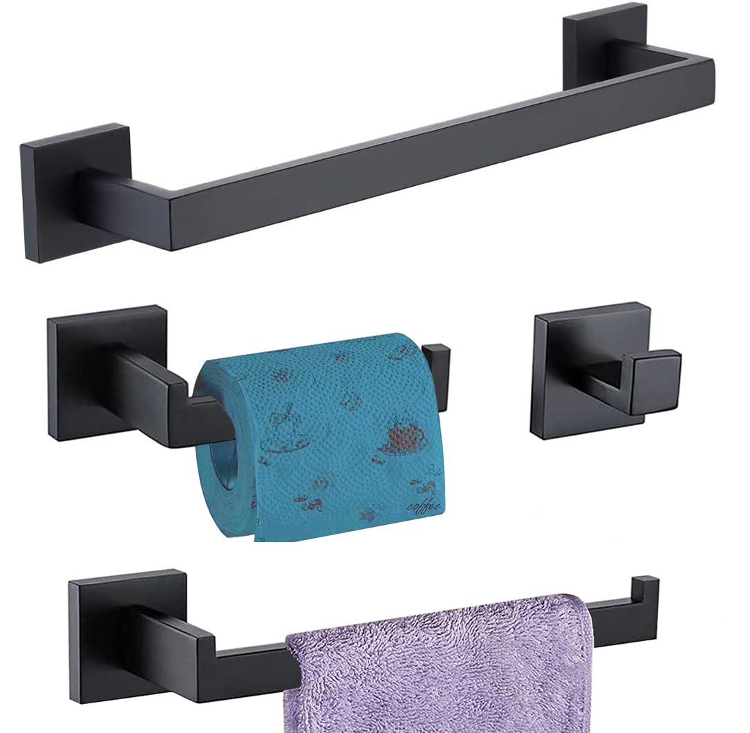 Bathroom Hardware Set 4 Piece Matte Black Bathroom Accessories Set SUS304 Towel Bar Set Includes Towel Bar 16 Inch+Towel Holder+Toilet Paper Holder+Towel Hooks (4, Matte Black, 16 Inch)