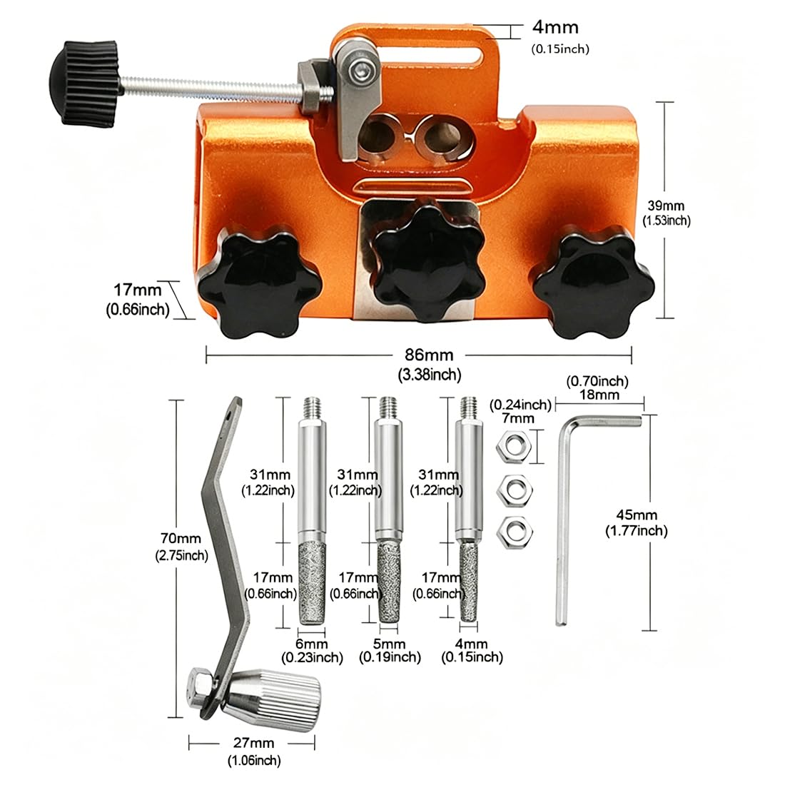 Affilacatene per Motosega a Manovella, Affilatore Catena Manuale Portatile con 3 Pietre 4/5/6 mm, Guida Angolo, Kit Affilatura Catena Motosega