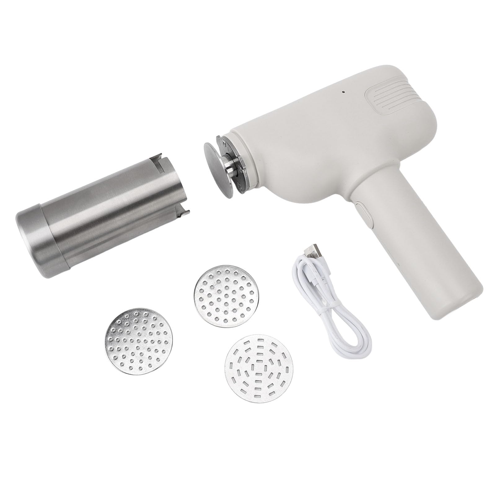 Máquina para Hacer Pasta Eléctrica de Mano, Fabricante de Fideos Automático Pequeño, Recargable, Portátil, para el Hogar, Cocina, Acero Inoxidable, 3 Moldes (Blanca)