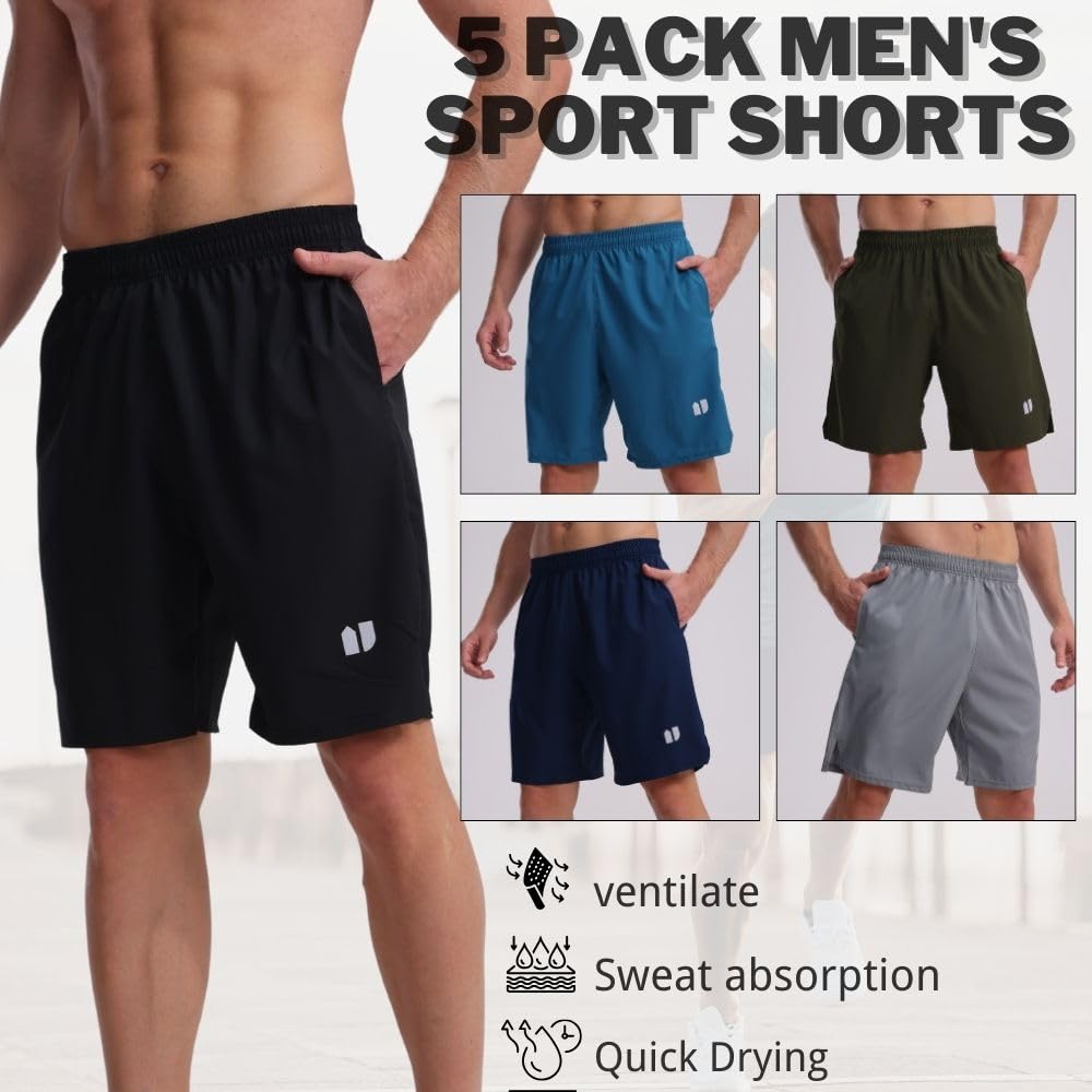 Bsrpolry, Confezione da 5 pantaloncini da corsa da uomo ad asciugatura rapida per jogging, pantaloncini sportivi da uomo con tasche e elastico in vita