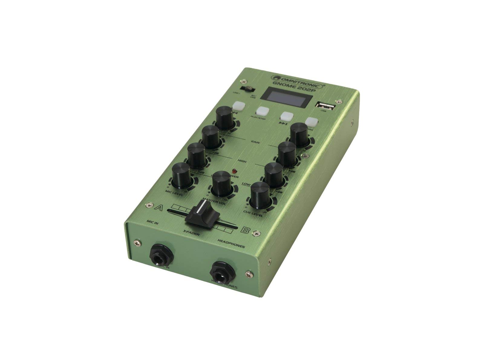 OMNITRONIC GNOME-202P Mini-Mixer grün | 2-Kanal-DJ-Mixer mit Bluetooth und MP3-Player im Miniaturformat | Regelbarer Mikrofoneingang/Kopfhörerausgang über 6,3-mm-Klinke
