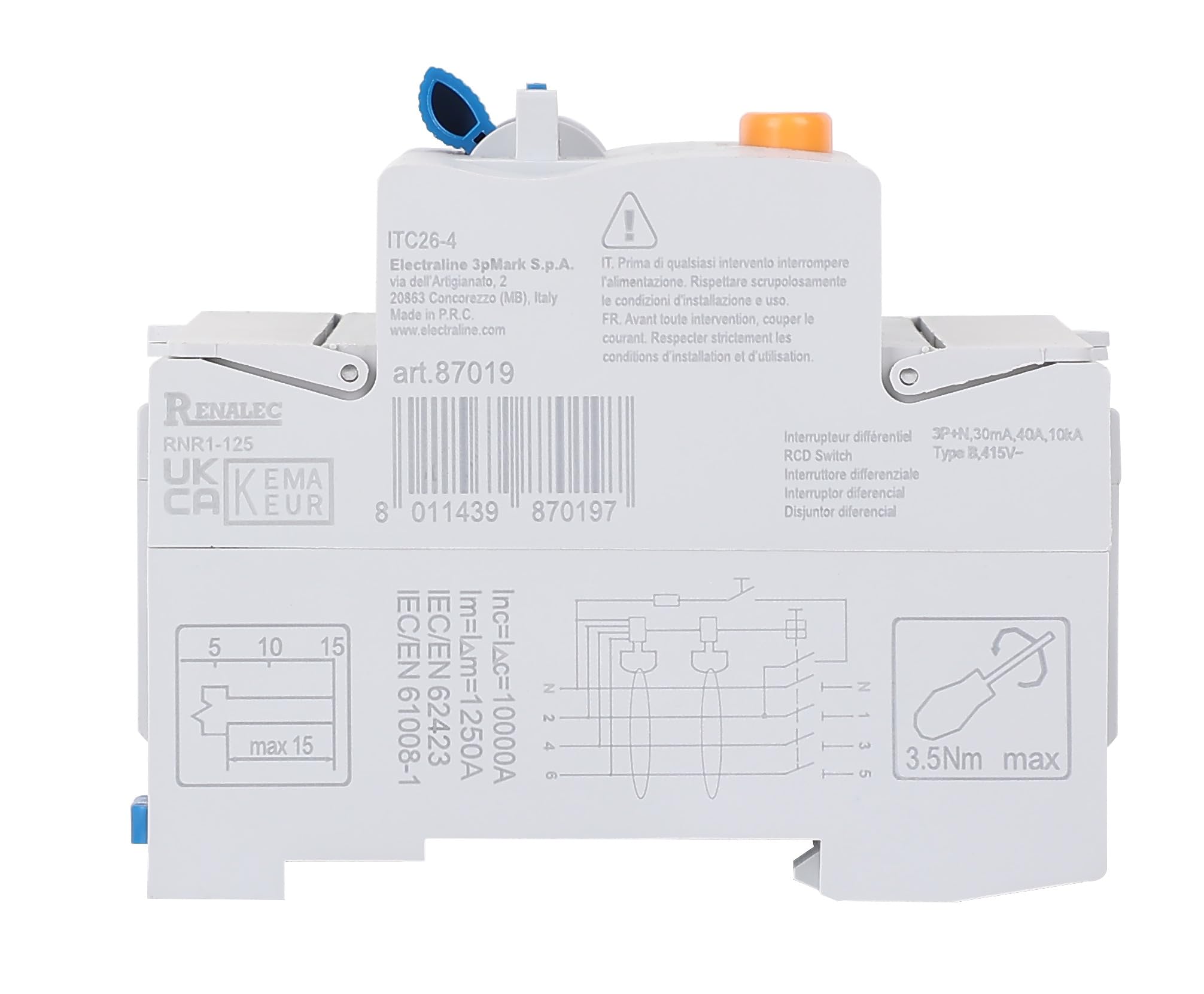 Electraline 87019 Interruptor diferencial de 40 A, sensibilidad 30 mA, 10 kA trifásico, tipo B