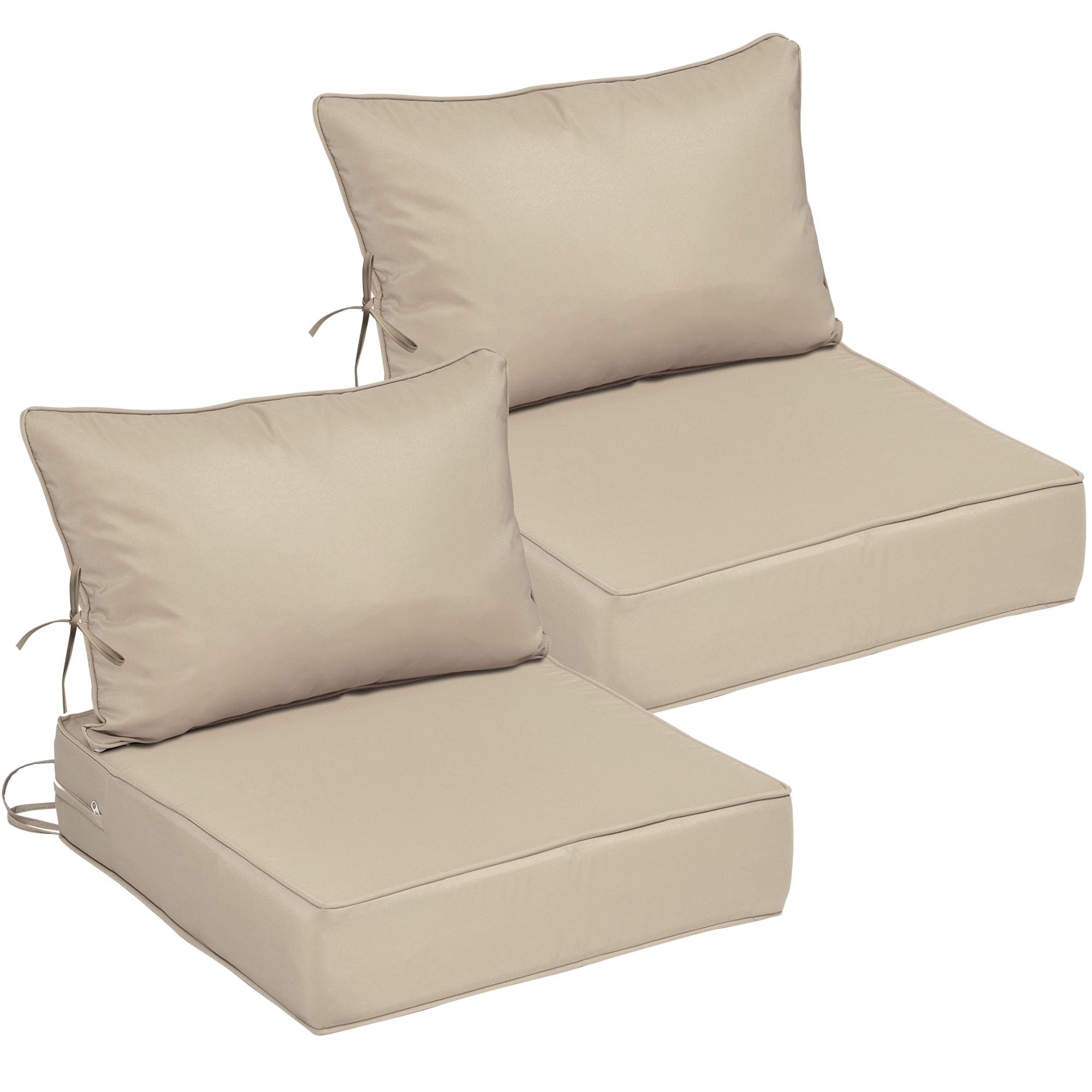 25.6x25.6 Outdoor Chair Cushions 2 Set, Waterproof Deep Seat Cushions for Patio Furniture with Removable Cover, Fade Resistant 4'' Outdoor Seat Cushion w/Ties&amp;Handle for Sofa Loveseat, Khaki