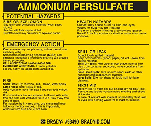 Etiqueta de persulfato de amonio Brady 93490 de vinilo amarillo en paquete de 25 unidades