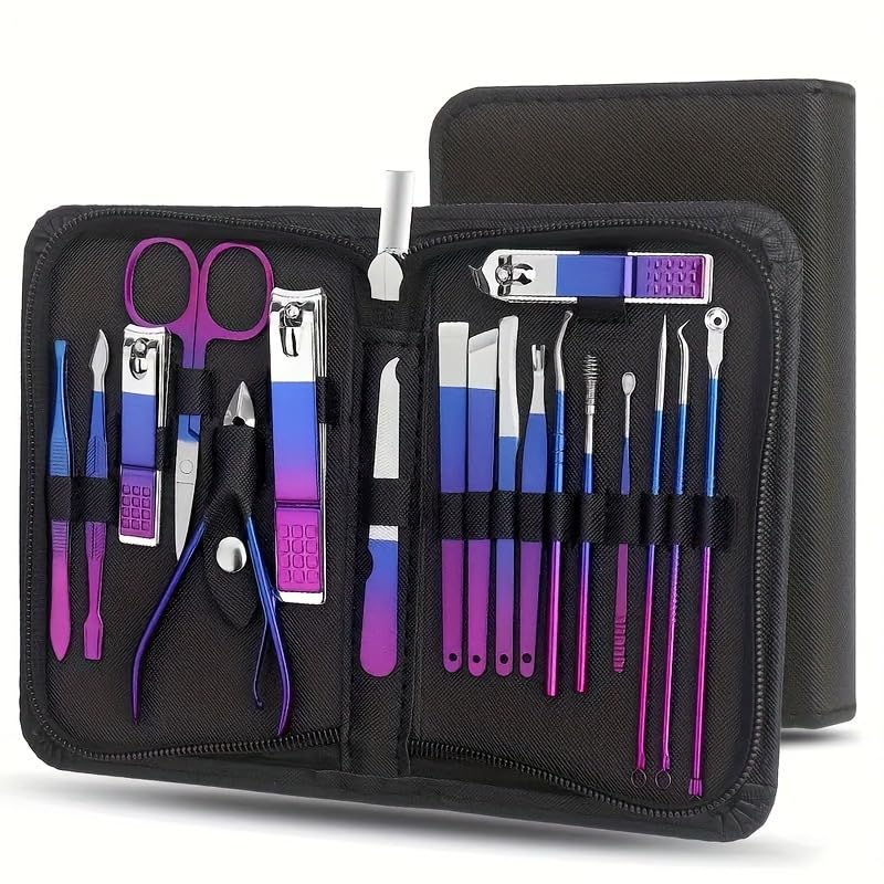 30PCS Gradient Purple Manicure Pedicure Set Stainless Steel Nail Clippers Flat Edge Cutter Eagle Beak Nipper Grooming Tools with Nano Zipper Case Travel Home Gift for Women Men