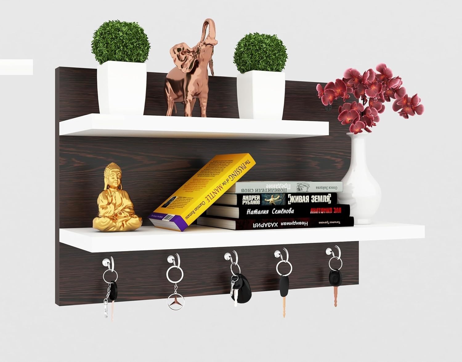 das wall mounted home decor key holder wall shelf display rack | stylish key hanger with 5 hooks for home, office & living room