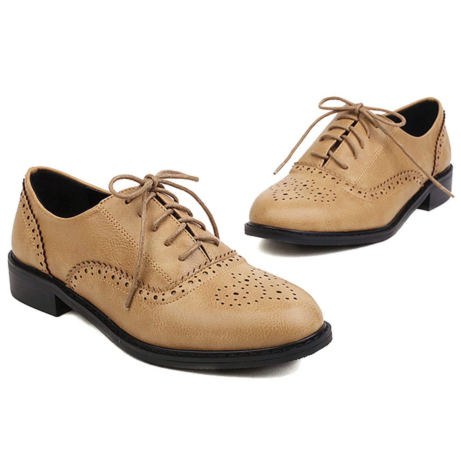 KiutSymo Womens Lace Up Wintips Oxford Shoes PU Leather Brouge Flat Dress Shoes Stacked Heel Pumps Shoes