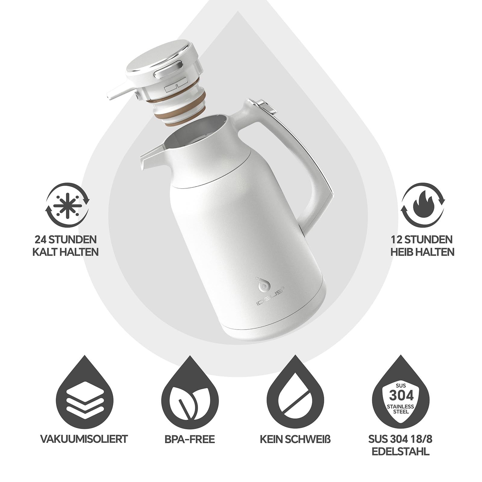 IDEUS® Thermoskanne 2l, Edelstahl Doppelwandige Kaffeekanne Vakuumisolierung Isolierkanne Warmhaltekanne Teekanne für Kaffee, BPA-frei (Weiß)