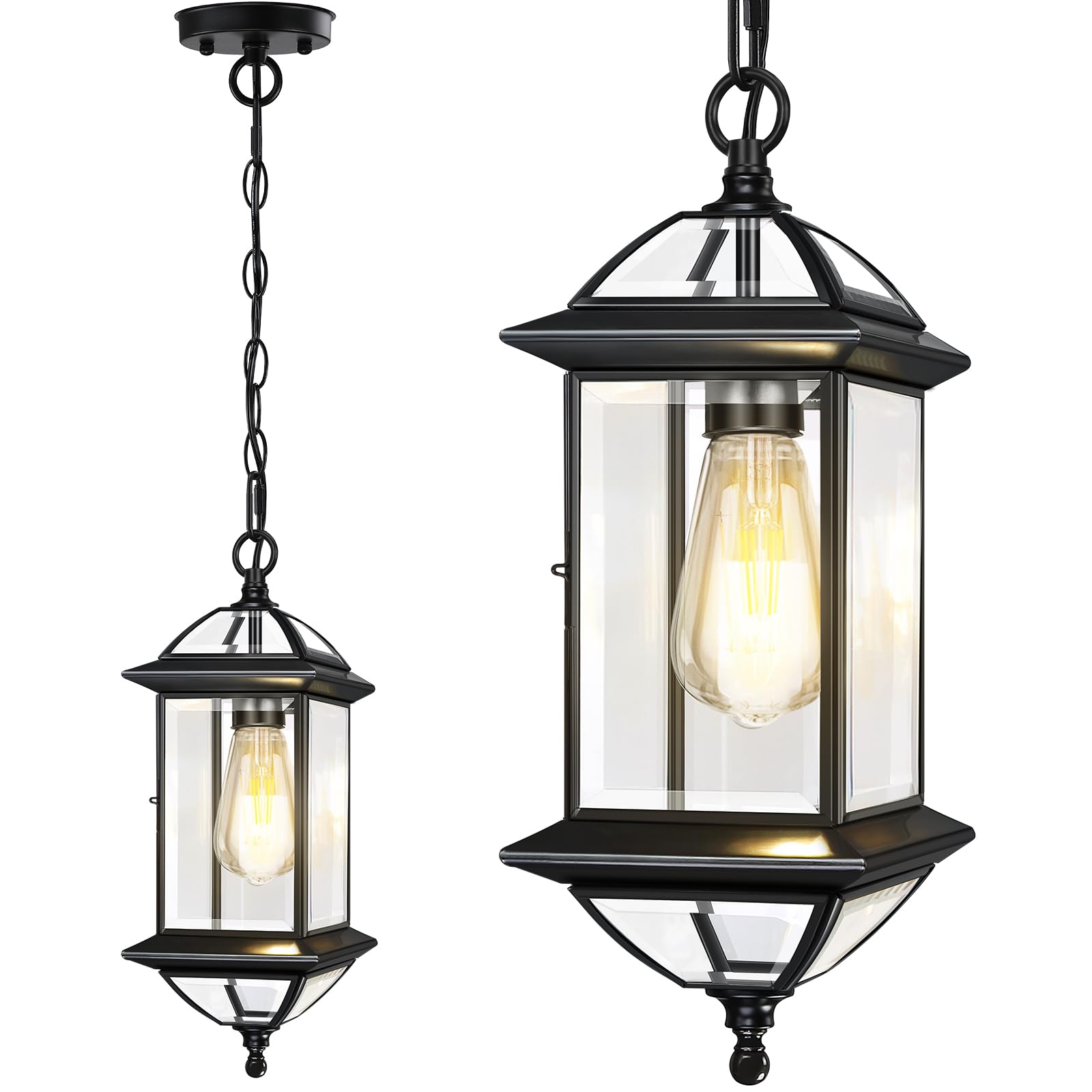 16.7" Large Outdoor Pendant Light Fixture, Outdoor Chandelier for Porch, Hanging Outdoor Lights Lantern with Adjustable Chain, Anti-Rust Porch Lights Outdoor Ceiling Fixtures for House, Black, 1 Pack