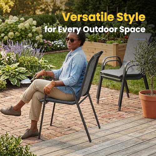 Image of VICLLAX Patio Dining Set for 4, All Weather Metal 5 Pieces Patio Set-40.6 inch Round Outdoor Table and Stackable Chairs for Lawn Garden and Backyard, Grey Tabletop