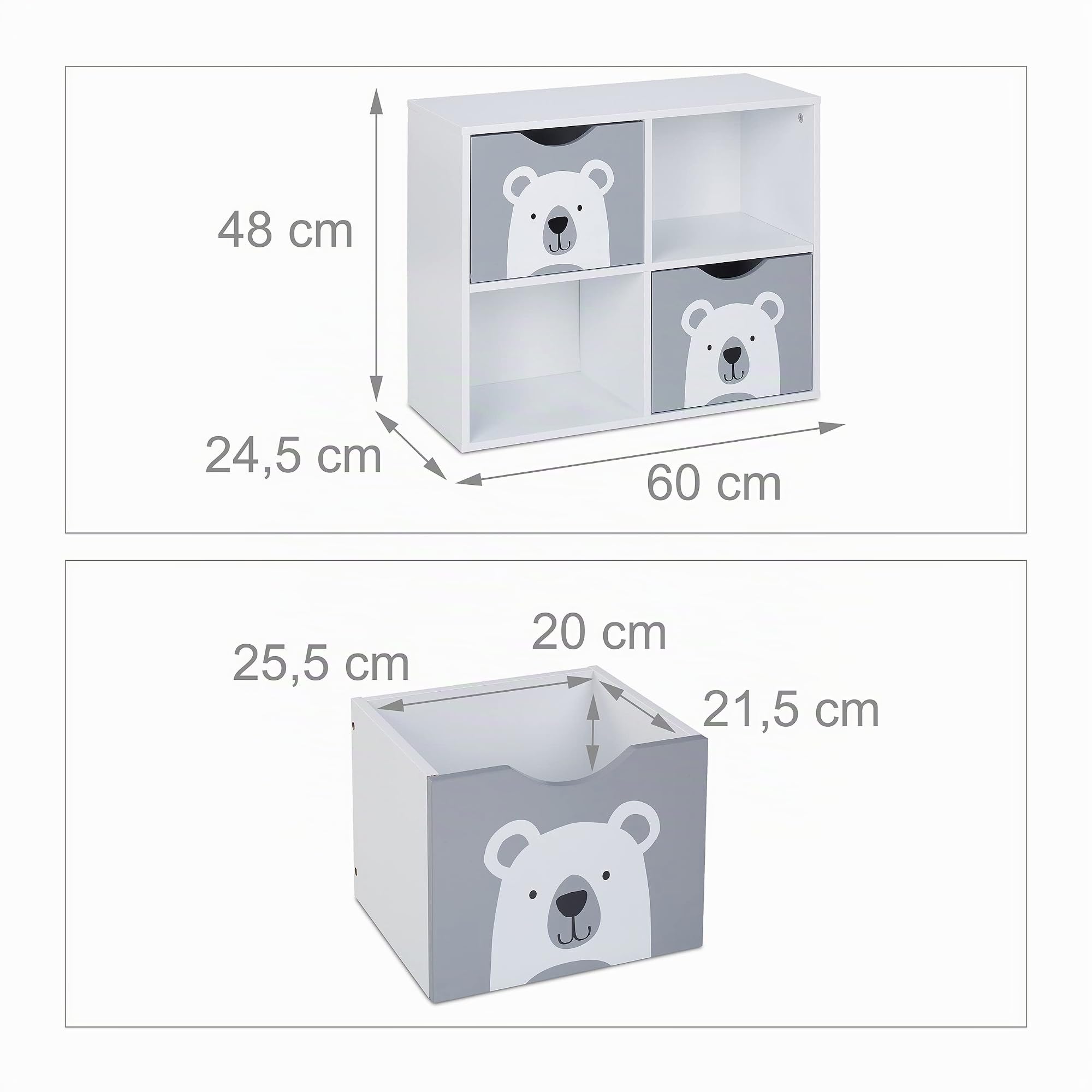 Relaxdays Kinderregal Bär, 2 Schubladen, 2 offene Fächer, H x B x T: 48 x 60 x 24,5 cm, Bücherregal Kinder, weiß/grau