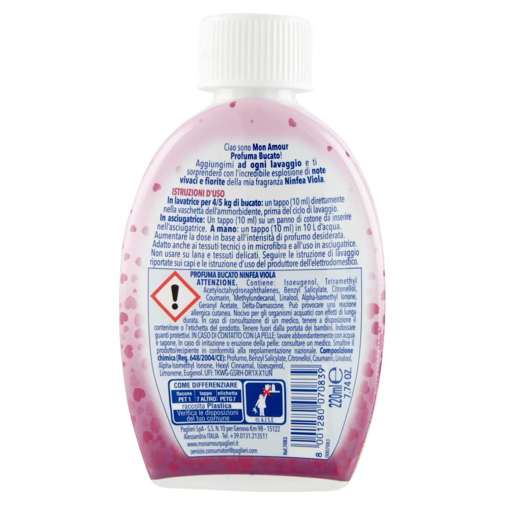 12x Paglieri Mon Amour Wäsche Deodorant Lila Seerose Profumo Bucato Ninfea Viola,Wäscheparfüm,220ml + Beni Culinari Kostenloser Schlüsselanhänger