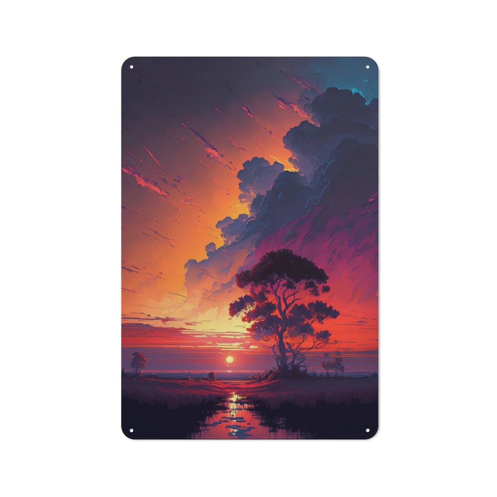Junmoney Tree By The River Sunset Retro-Style Metal Plaque 30X20cm For Kitchen Or Home Bar, Gift For Home Bar Enthusiasts During The Christmas Season