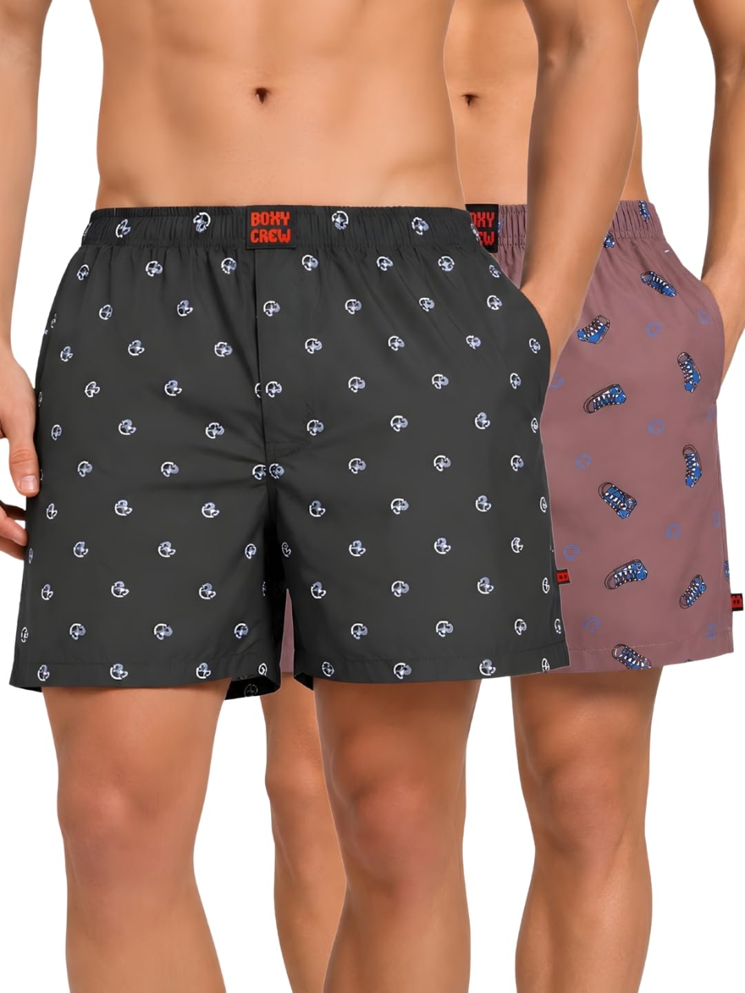 Men Boxer Shorts Pack of 2, 100% Cotton Woven Boxers, Dark Blue & Mauve, Printed Designs, Dual Side Pockets, No-Marks Inner Elastic Waistband, Relaxed Fit Lounge & Sleep Shorts-image-44
