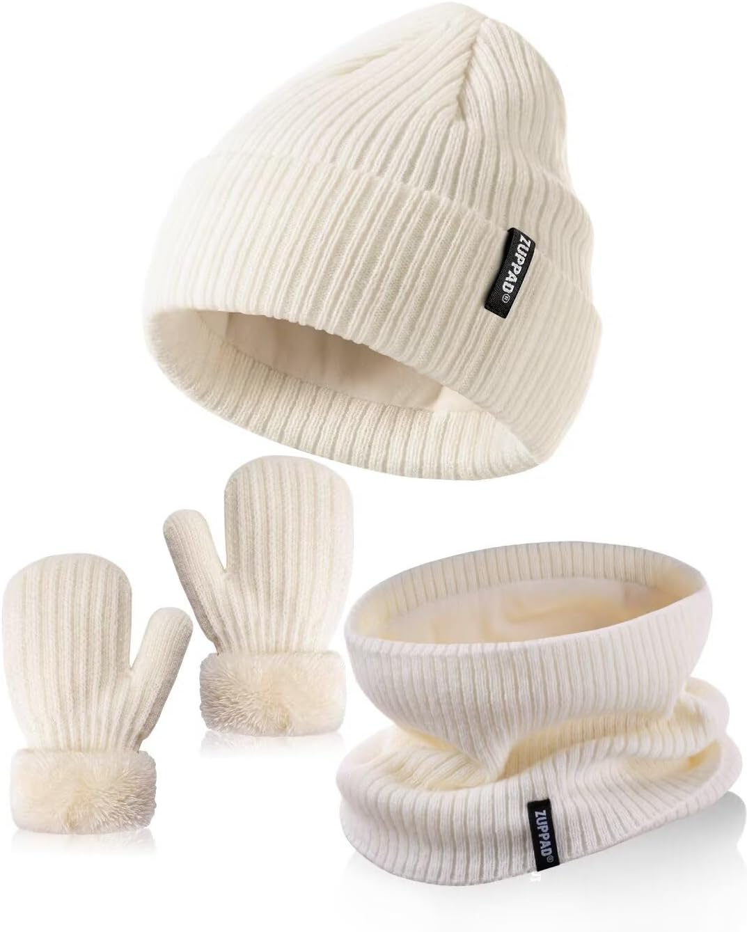 Baby Beanie Mittens Scarf Set Girls Boys, Toddler Winter Hat and Gloves Neck Warmer Set Knit Warm with Fleece Lining, Kids Cold Weather Accessories Sets for Children Infant(White,3-8 Years)