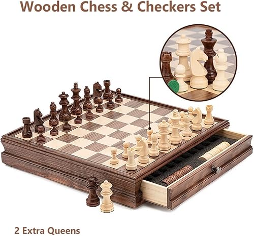 Miniatura 4 de ROLTIN Juego de ajedrez de madera 2 en 1 con cajones, juego de tablero de ajedrez hecho a mano con damas y 2 reinas adicionales, ajedrez de lujo de