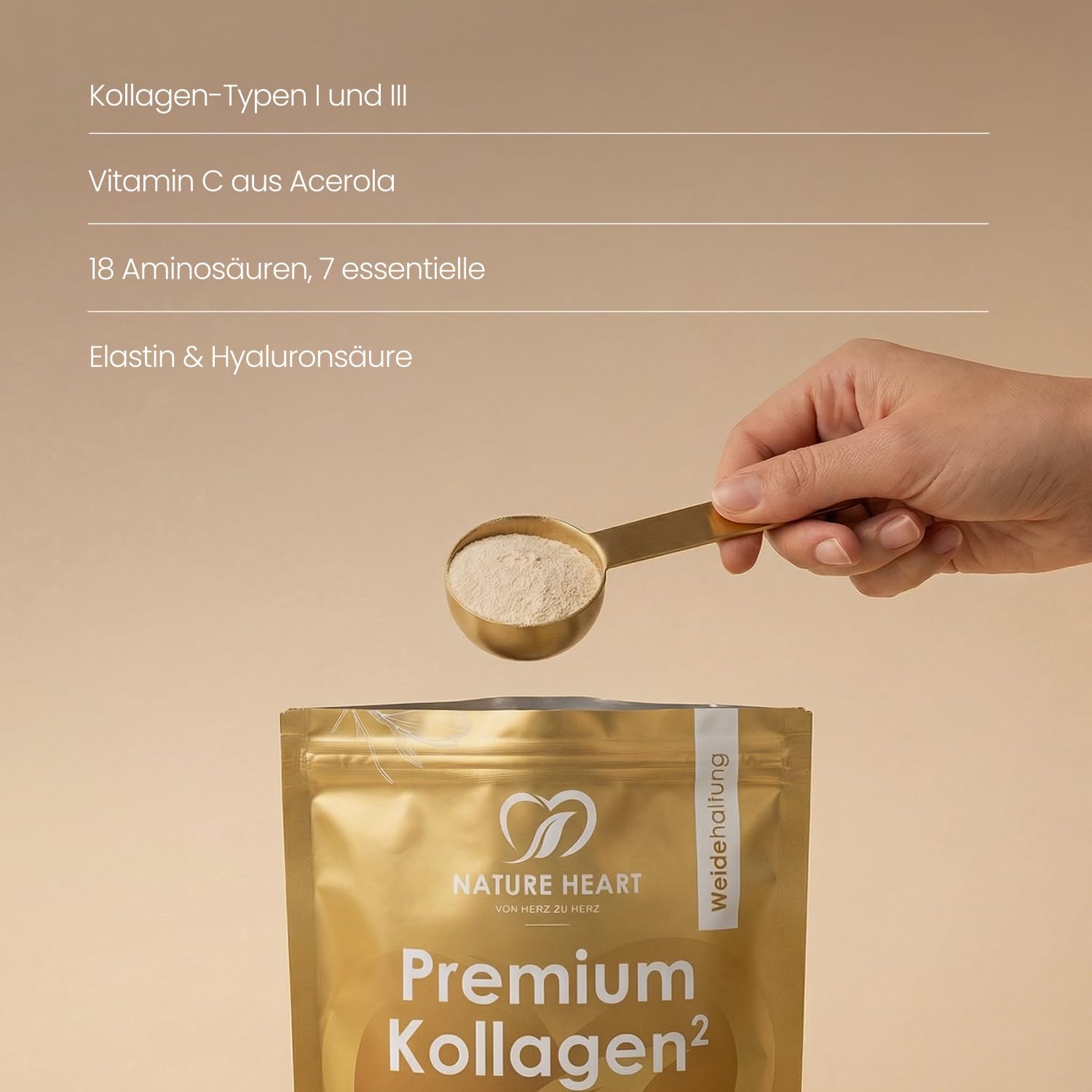 Nature Heart Poudre de peptides de collagène de qualité supérieure 450 g - issue de l'élevage - Sans goût, soluble avec de l'acérola et plus de 91 % de protéines