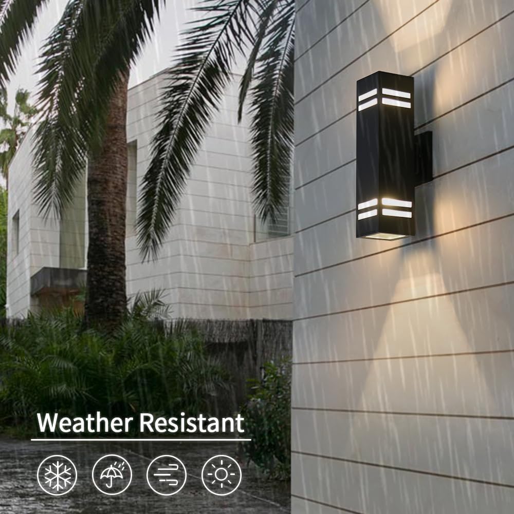 Cerdeco Aluminum Modern Outdoor Wall Light,15" Exterior Up Down Wall Sconce Light Fixture Sand Textured Black with 3-Sided Frosted Glasses [ETL Listed]